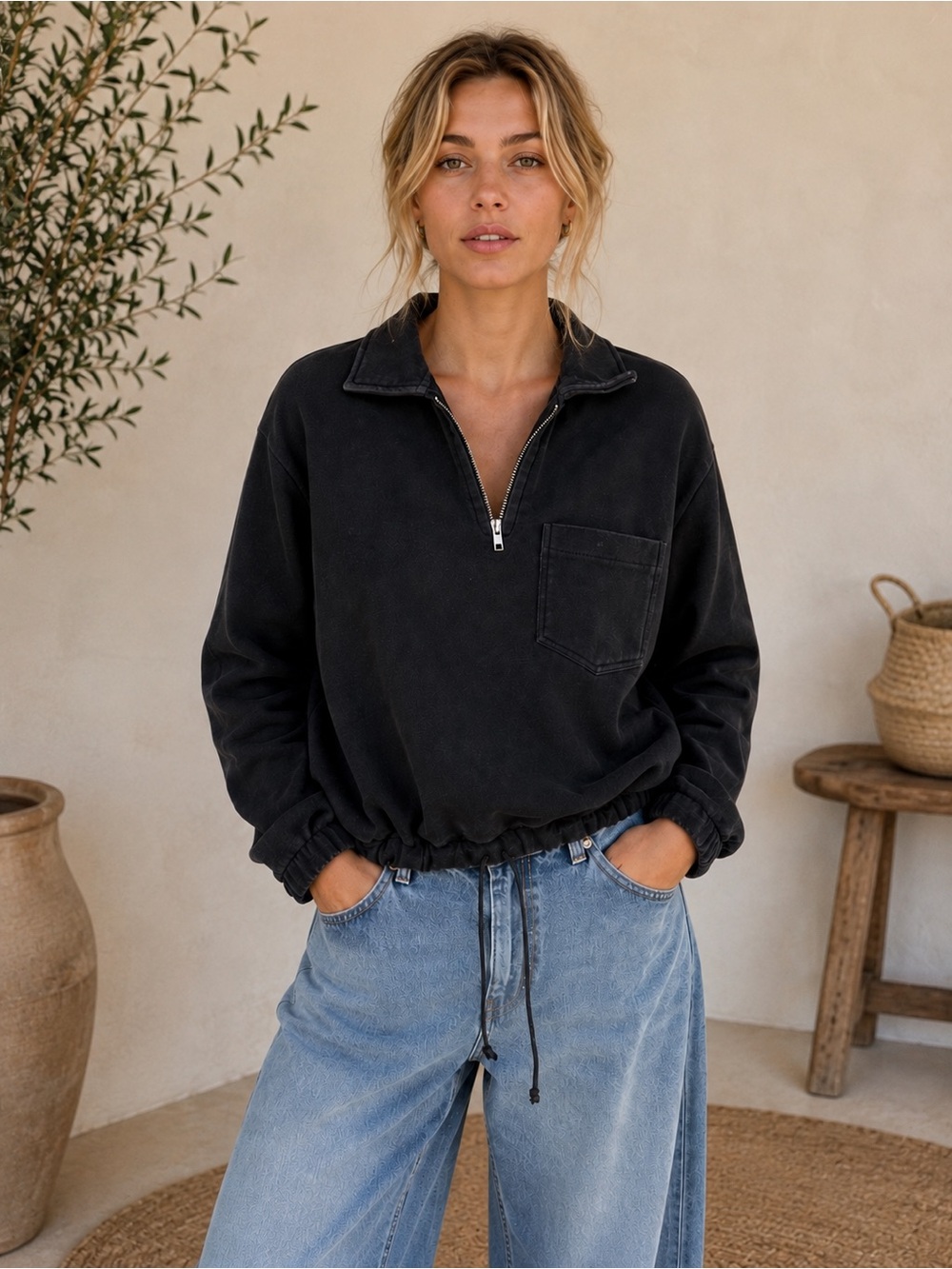 MHL. Margaret Howell Black Cotton Half Zip Pullover Sweatshirt